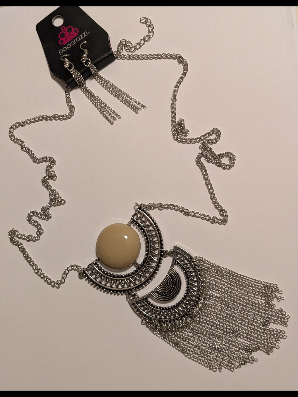 Paparazzi Silver-Tone Cream Statement Pendant Necklace & Earrings Set